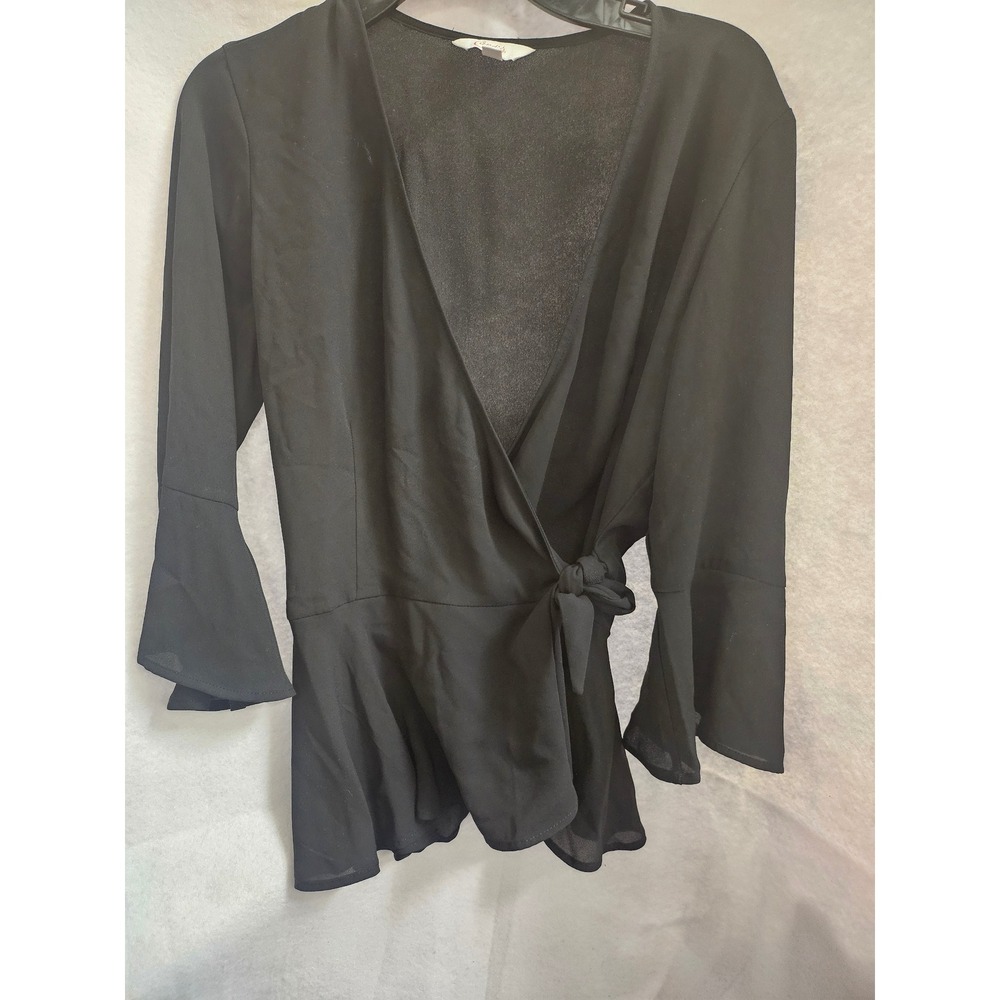 Candies Black Wrap Peplum Blouse V-Neck Bell Sleeve Top Small